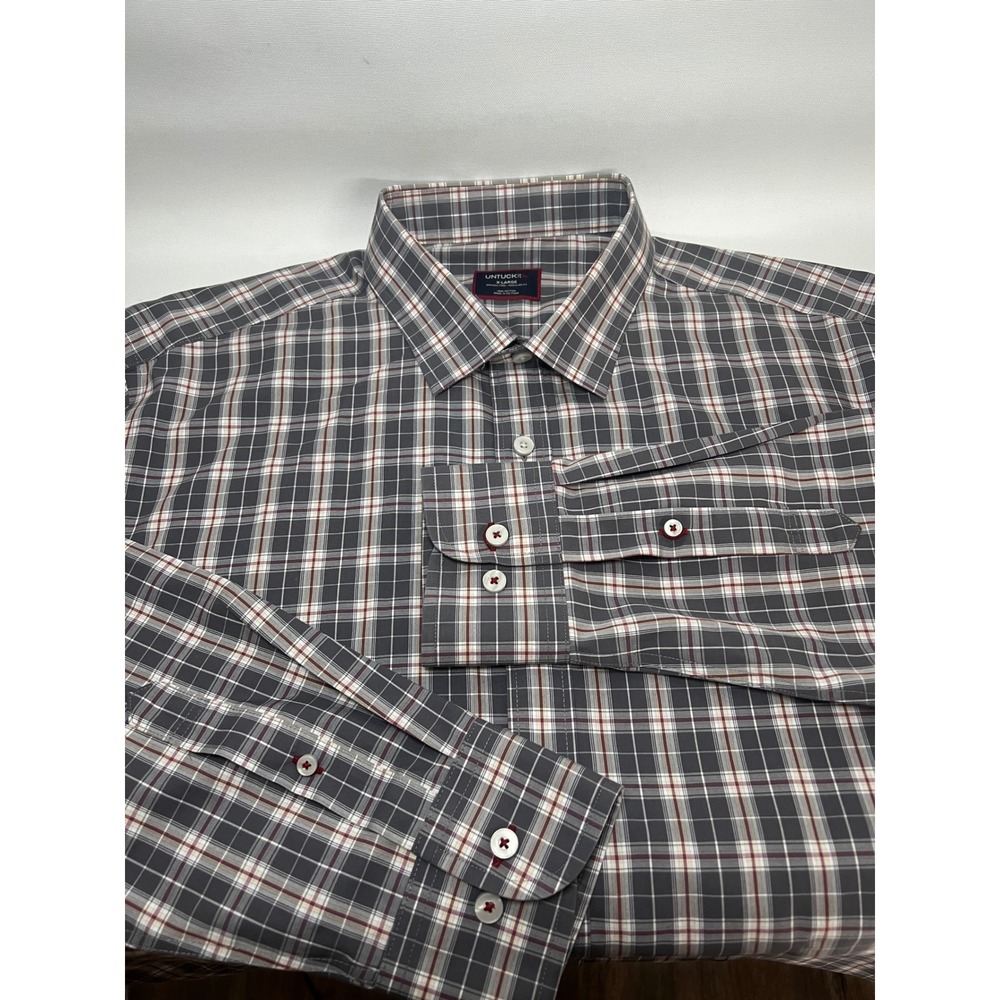 UNTUCKit Mens Button Down Shirt Grey Plaid Wrinkle Free XL Regular Long Sleeve